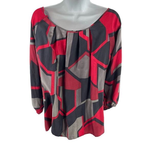 Anne Klein silk top blouse geometric print flowy Large pleated red gray grey bla - Picture 7 of 9